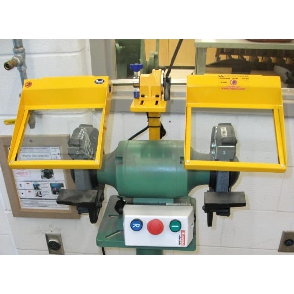 A bench grinder with safety guard