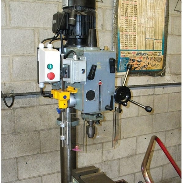 drill press chuck guard installed on a large drill press