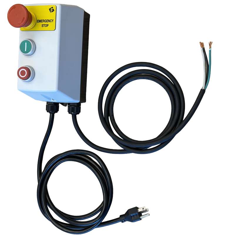 A motor starter anti-restart device product image showing the device, cables, and plug.