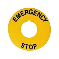 Emergency Stop Label / Legend Plate 60mm Yellow Round Background for E-Stops
