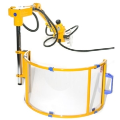 Product photo of the Ferndale Safety milling machine safety shield showing the front polycarbonate, arm and interlock wiring.
