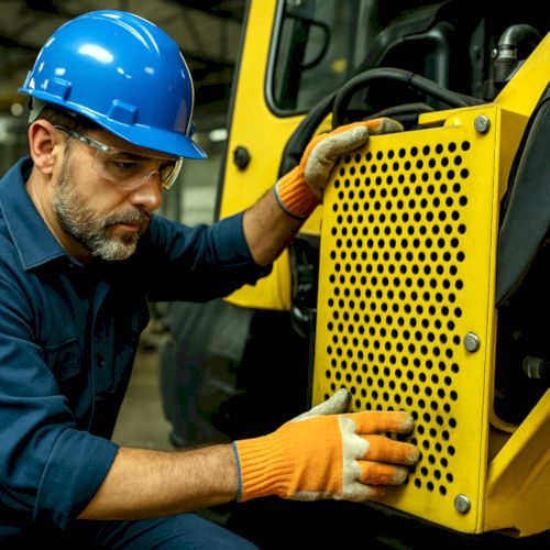 A mechanic in a blue hard hat, wearing gloves, inspects a machines' safety guard.