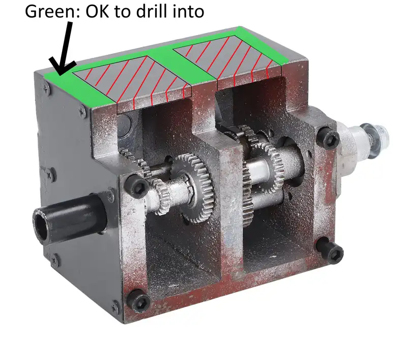 An example of a flat installation point for a lathe chuck safety shield. An arrow points to the mounting bracket.