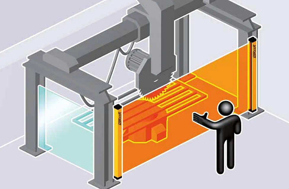 Drawing of a light curtain on a saw depicting safety distance calculation.