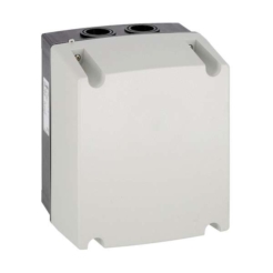 An empty plastic enclosure with a white cover. Used to mount electrical devices such as contactors inside.