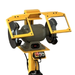 A product photo of a safety shield and guard installed on top of a generic bench grinder. The bench grinder is placed on top of a pedestal column.