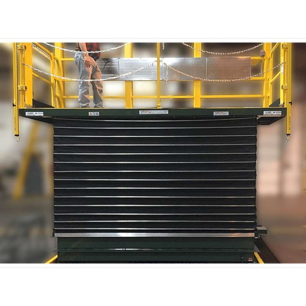 A large scissor platform with safety bellows installed on the lifting mechanism.