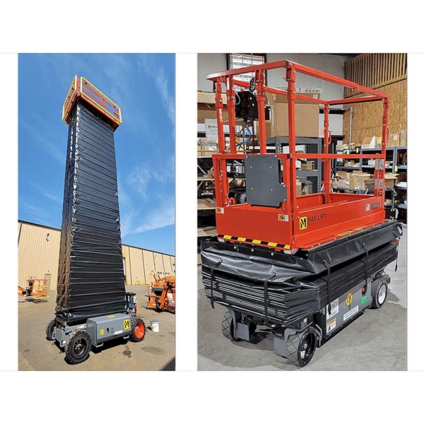 A montage of scissor lifts. One in the air and one retracted. Showcasing how the machine safety guard around the lift mechanism works.