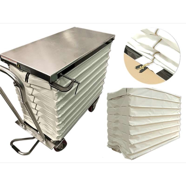 Shown is a lift table with safety guard installed on the scissor mechanism alongside is shown the cover/guard portion only.