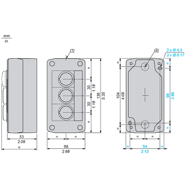 Dimensions of the three-button control station.